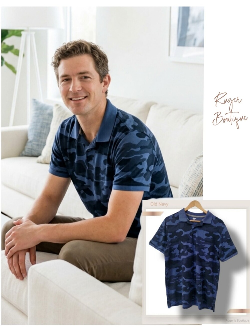 🌿Men's Large Blue Camo Old Navy Polo Short Sleeve Polo Shirt